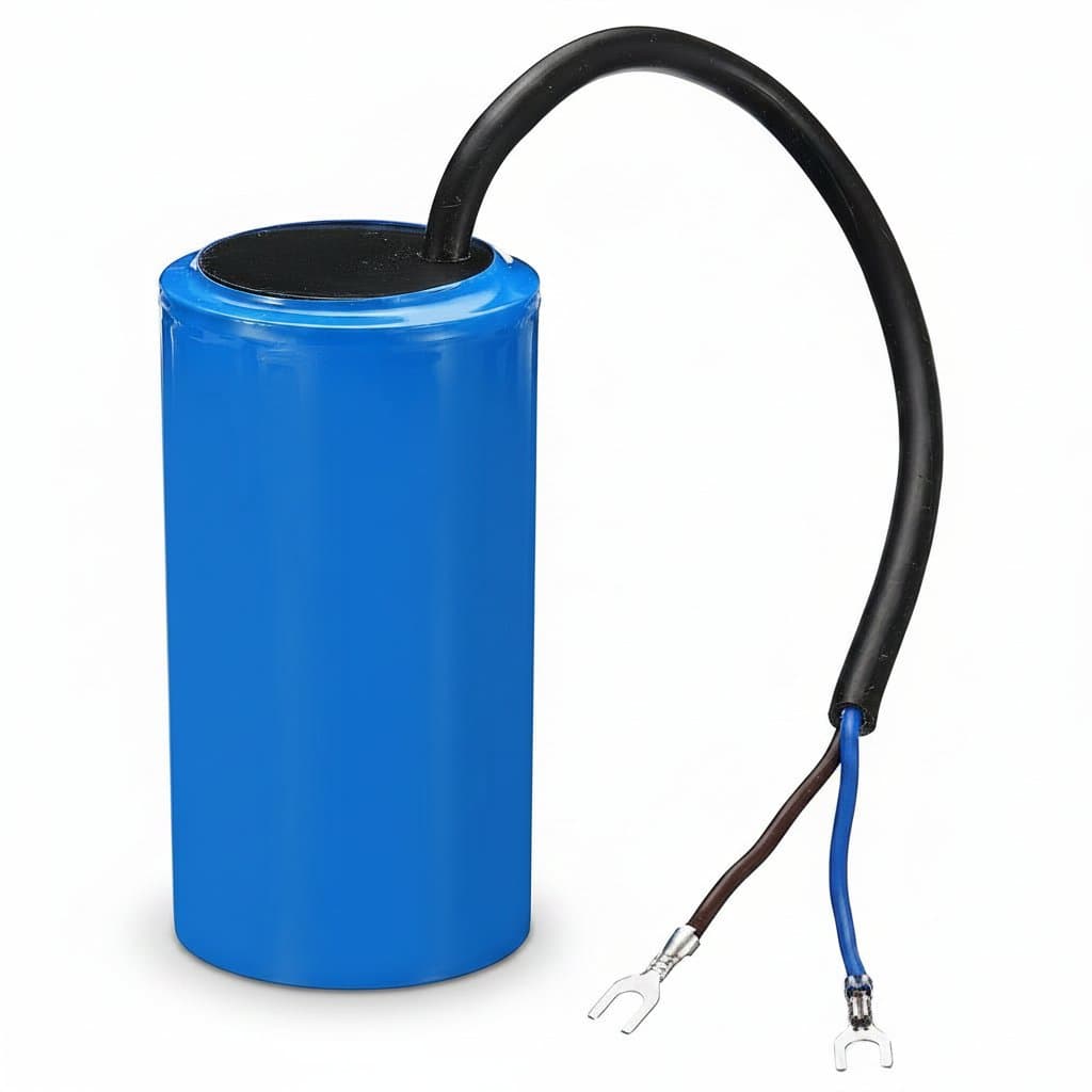 CBB60 450V AC motor run capacitor in 25-70uF range, with 2-wire terminals for air compressor and washing machine motors.