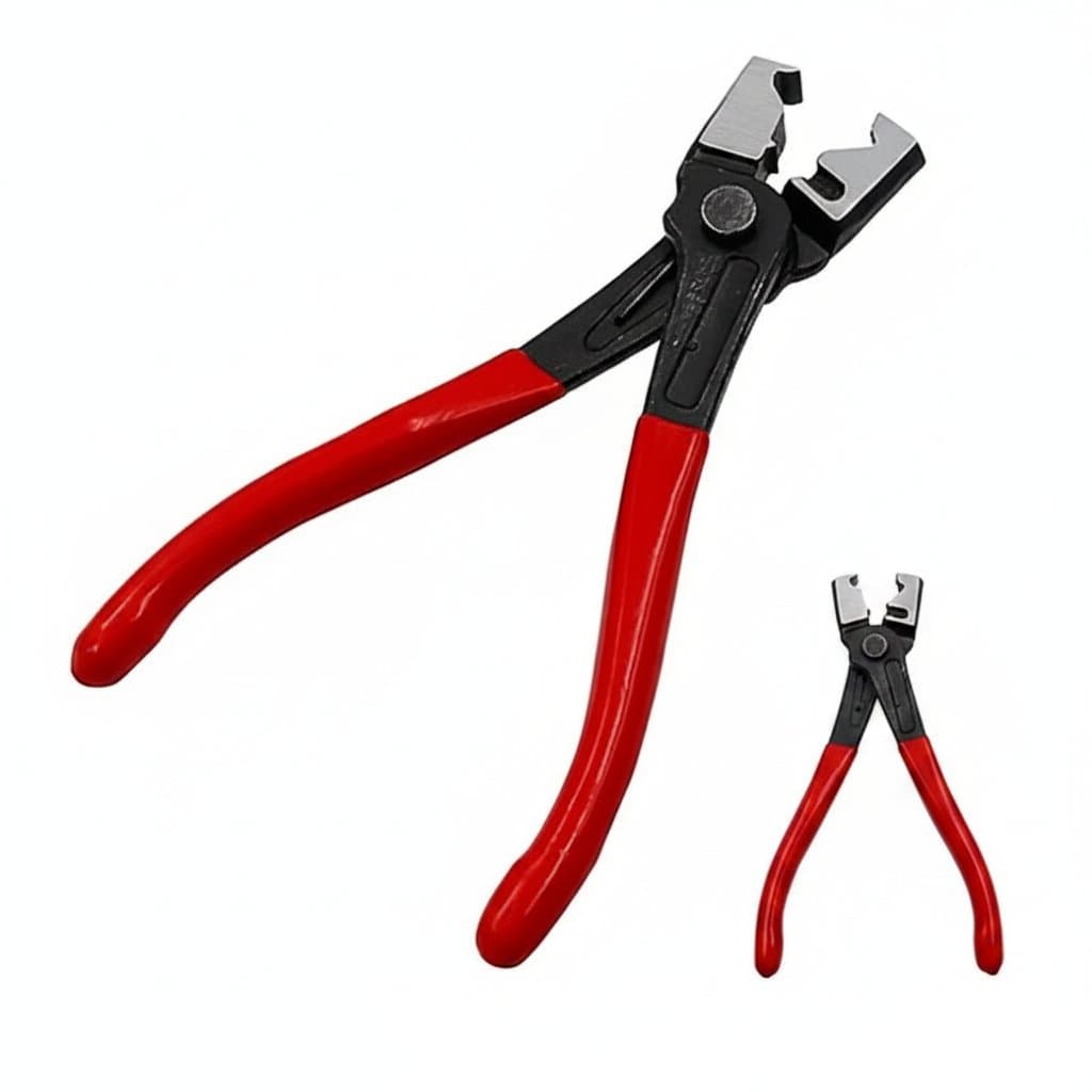 Professional hand-held auto hose clip plier tool for removing and installing metal collar clamps on car water pipes and hoses.