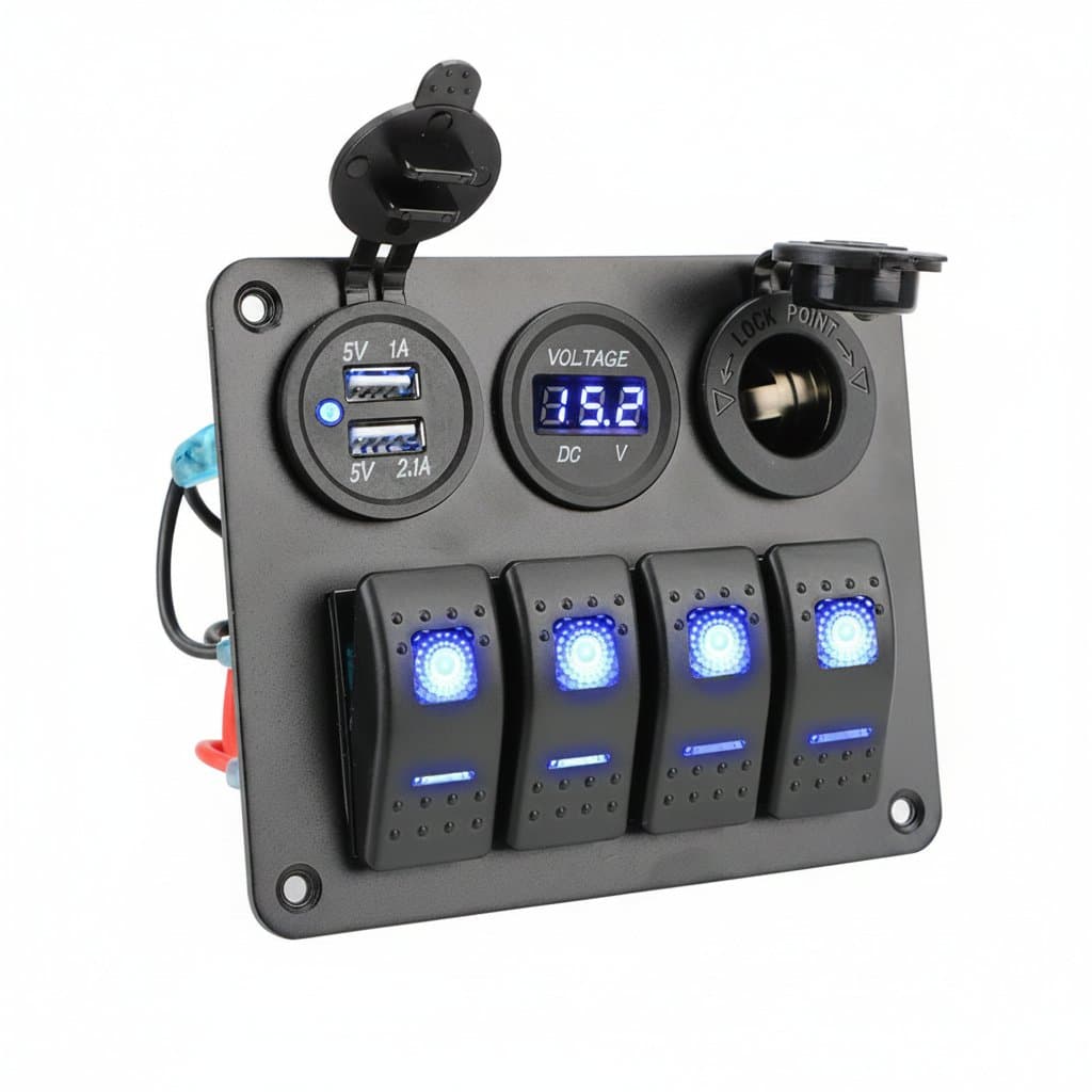 4-button rocker switch panel with voltmeter and dual USB 3.0 chargers for 12V/24V marine, car, RV, and camper installations.