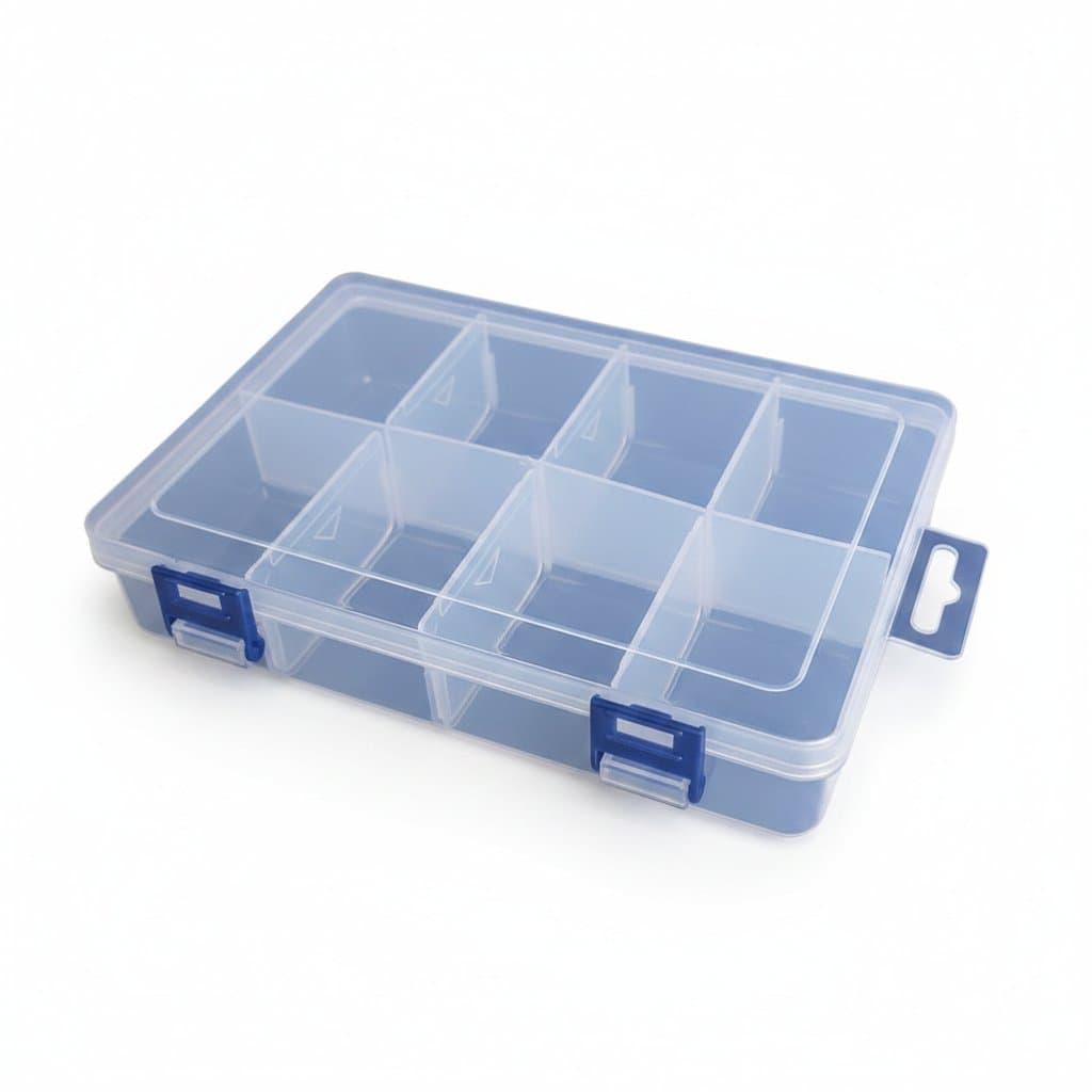 Adjustable 8-grid compartment plastic storage box for screws, pills, and hardware tools, measuring 20x13.5x4.5cm.
