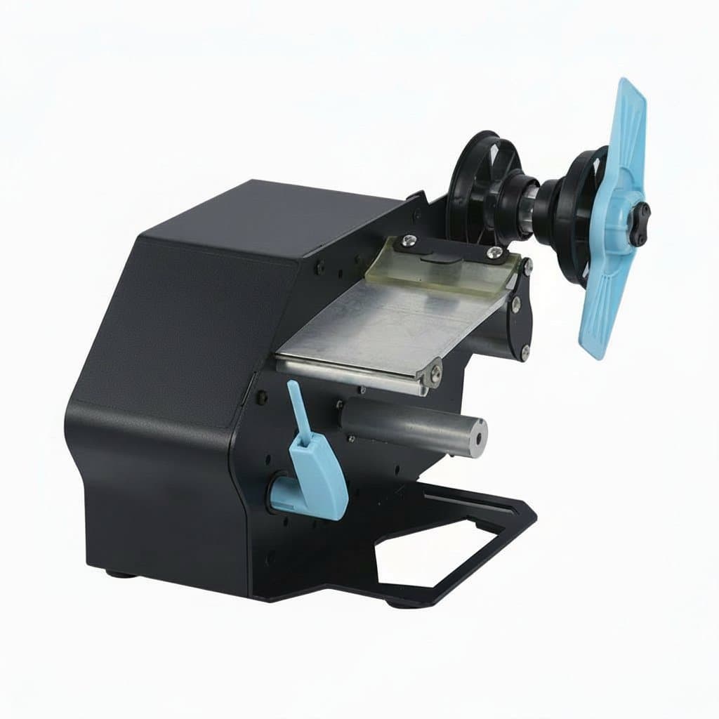 Express D208 automatic label peeling machine for self-adhesive transparent labels, an industrial automation solution for efficient product labeling.
