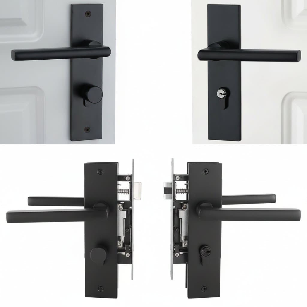 A space aluminum bedroom door lock with black finish, featuring a security handle lock, keys, and screws for home installation.