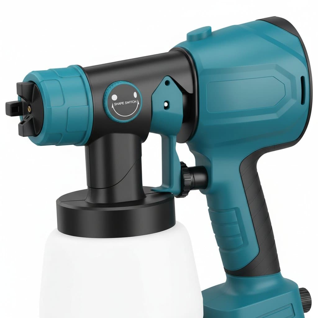Cordless HVLP spray gun compatible with Makita batteries, includes 5 copper nozzles for interior and exterior painting.