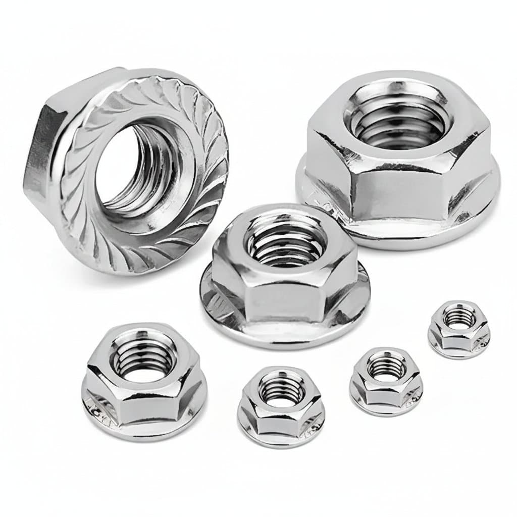 Set of 50 serrated flange lock nuts in 304 stainless steel, sizes M3 to M20, featuring a spinlock design and hex head per DIN6923.