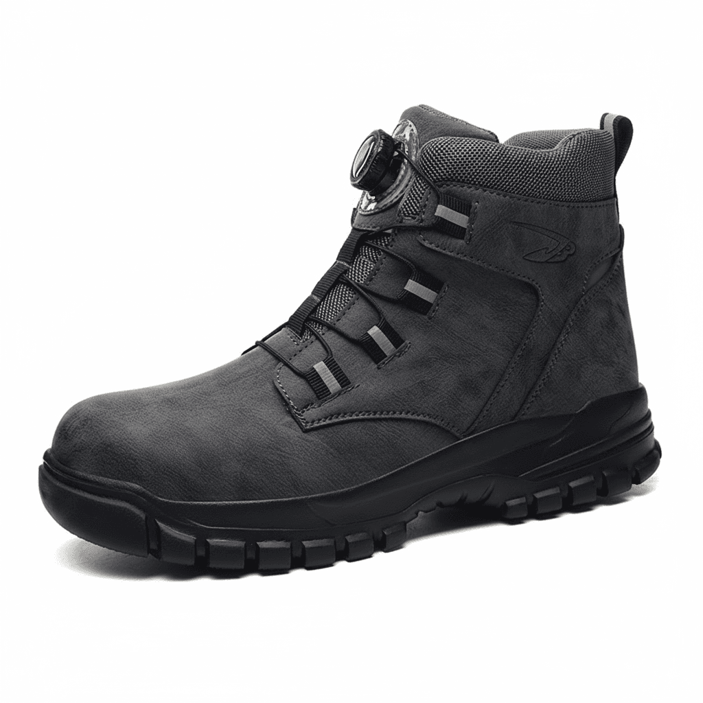 Men's Steel Toe Cap Boots with hammer and nails, demonstrating features.