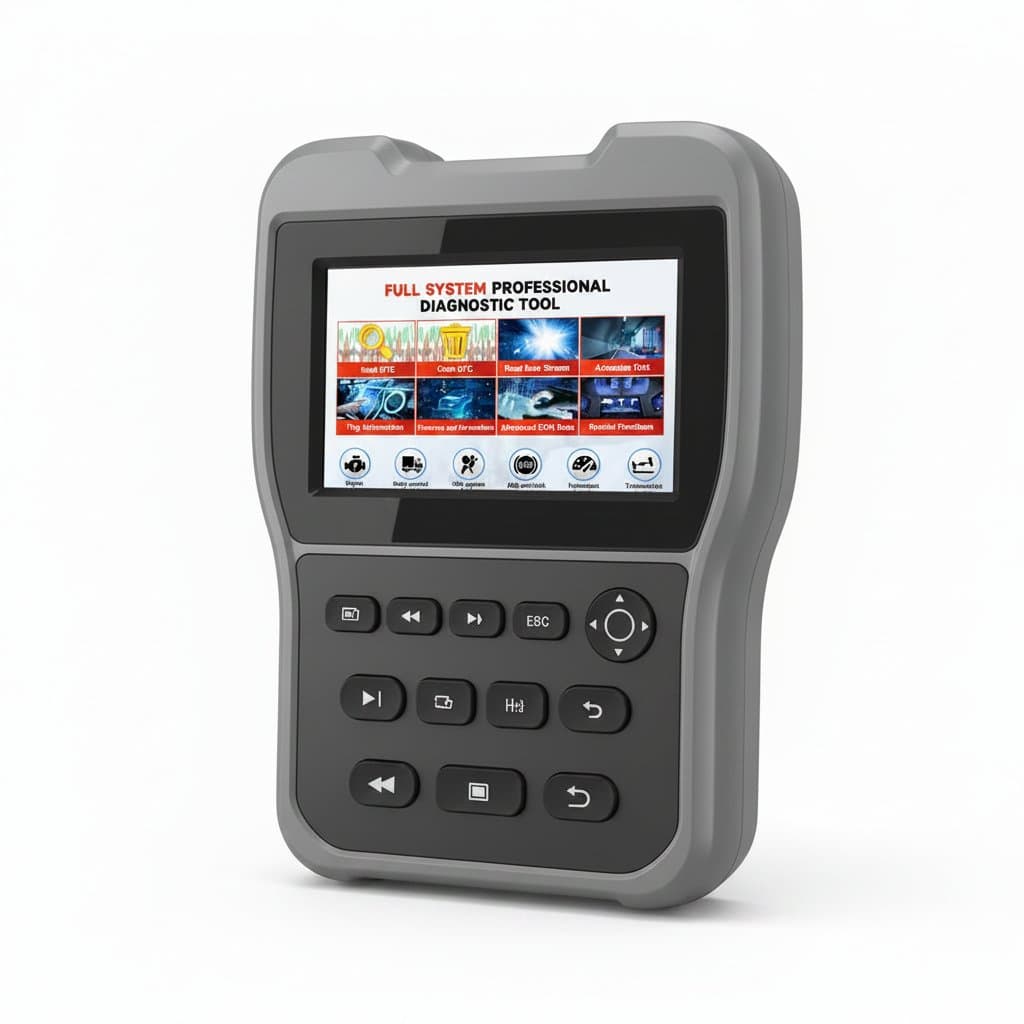 LAUNCH X431 V+ Smartlink HD heavy duty truck diagnostic scanner with large touchscreen, showing live data on a diesel engine.