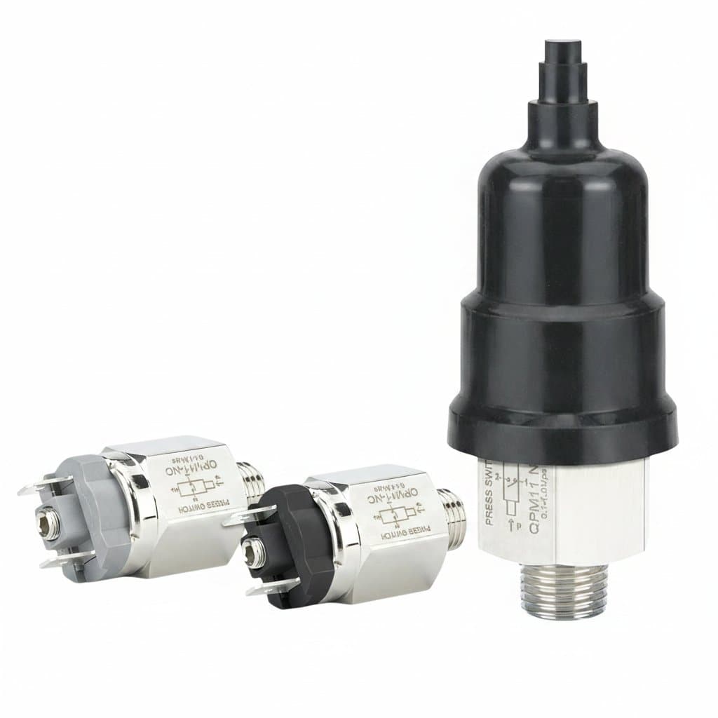 QPM11 Adjustable Air Pressure Switch with 0.02‑1MPa range, diaphragm actuator, and NO/NC contacts for compressor control.