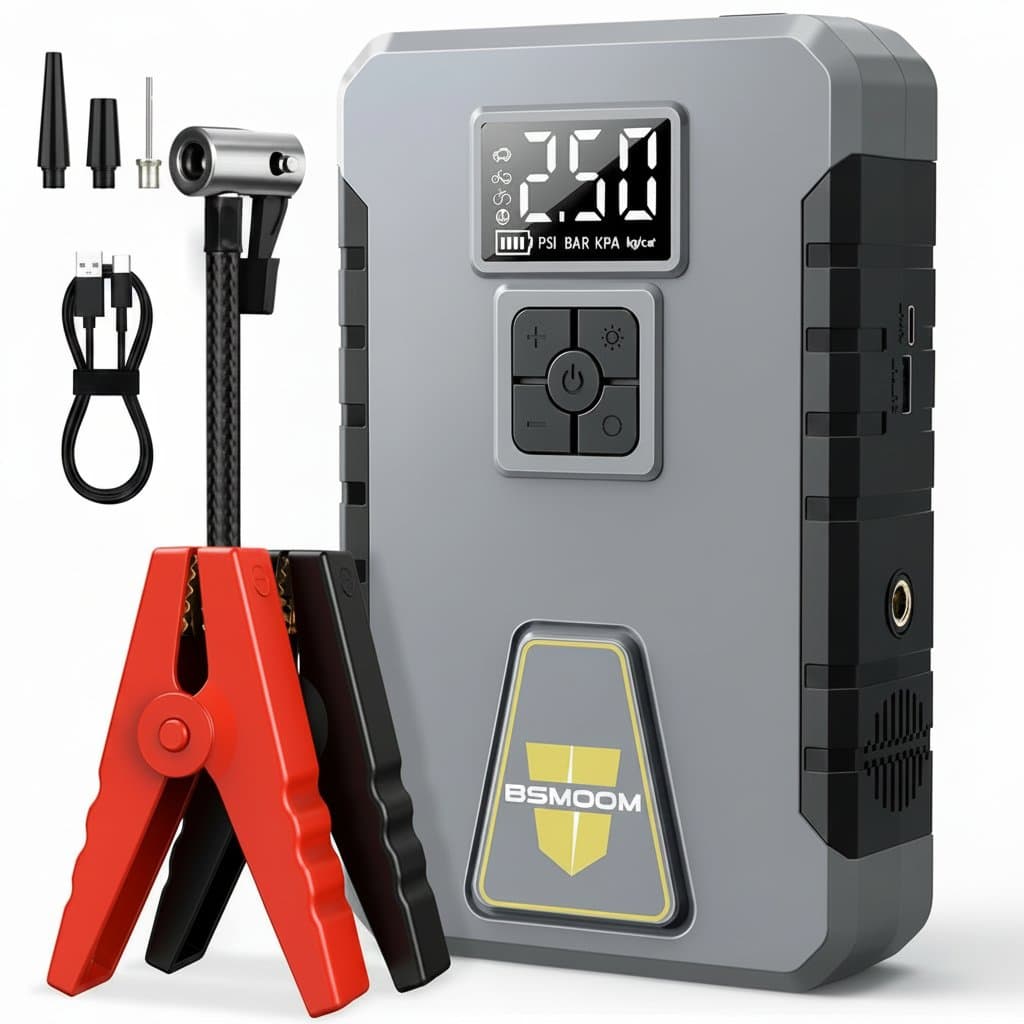 A portable car battery jump starter with digital display, 26800mAh power bank, and emergency booster.