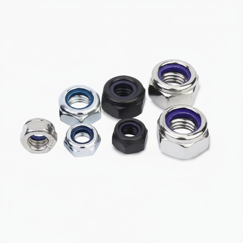 Assortment of DIN985 nylon lock nuts in stainless steel or black nickel zinc finish, available in sizes from M2 to M10 for locking applications.