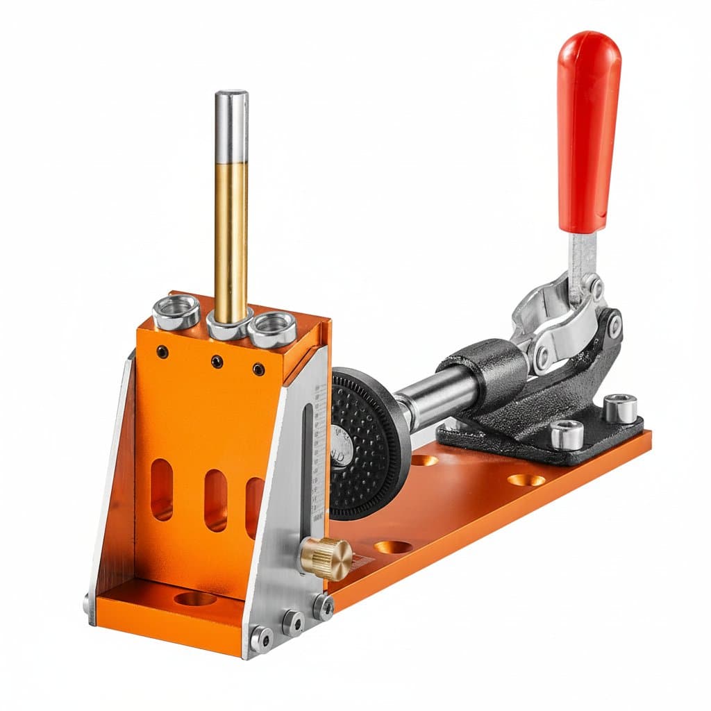 SucceBuy 30-piece Pocket Hole Jig Kit with adjustable jig system, step drills, wrenches, and stop rings for woodworking projects.