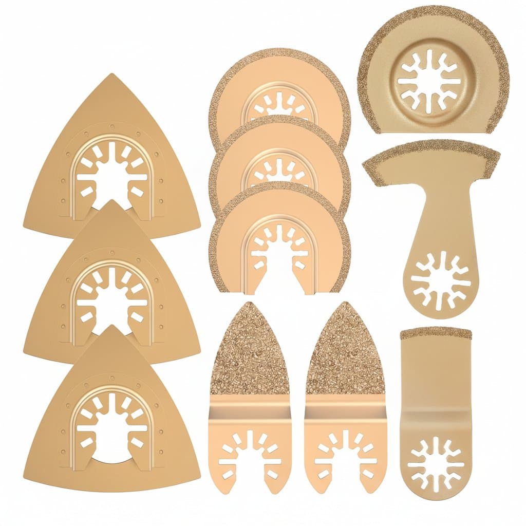 Professional 8-piece oscillating multitool blade set with carbide teeth for cutting ceramic tile, marble, and hard materials.