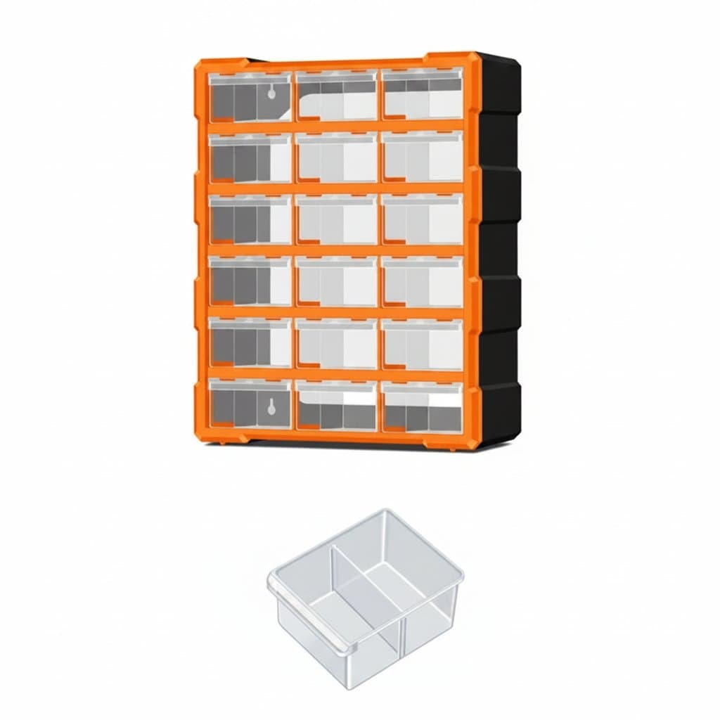 An 18-grid parts storage box with drawer design for organizing screws, components, and accessories in a toolbox system.