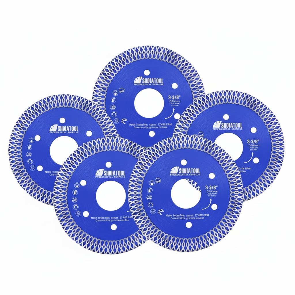SHDIATOOL 5-piece 85mm diamond cutting disc set for ceramic tile, marble, granite, and porcelain on a circular saw.