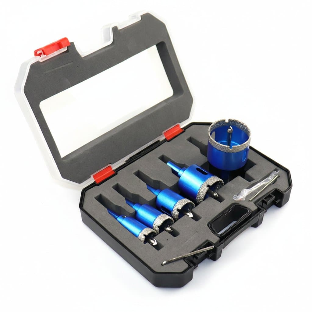 Diamond sintered drill bit set for tile, marble, glass, and ceramic, featuring 4mm to 120mm hole saw sizes for power tools.