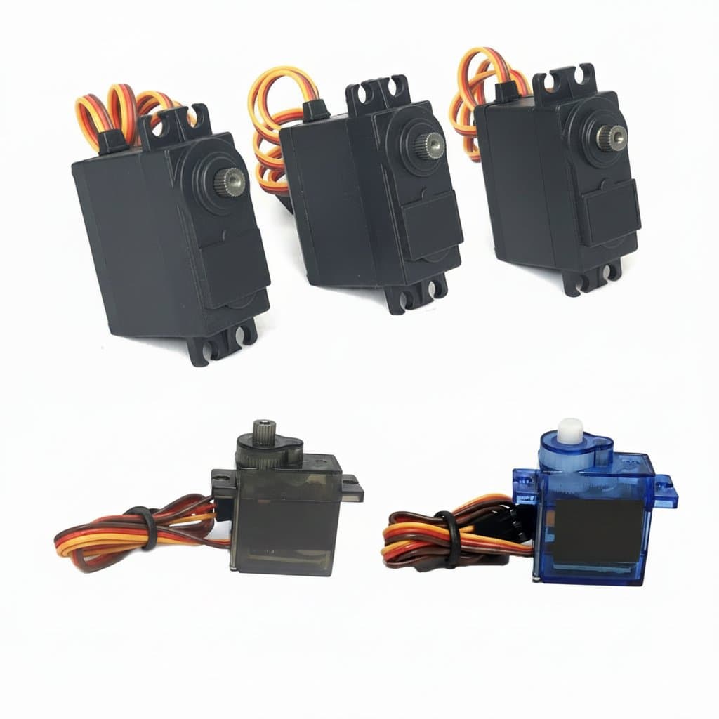 MG995, MG996R, SG90, and MG90S servo motors with metal or plastic gears for RC aircraft and vehicles.