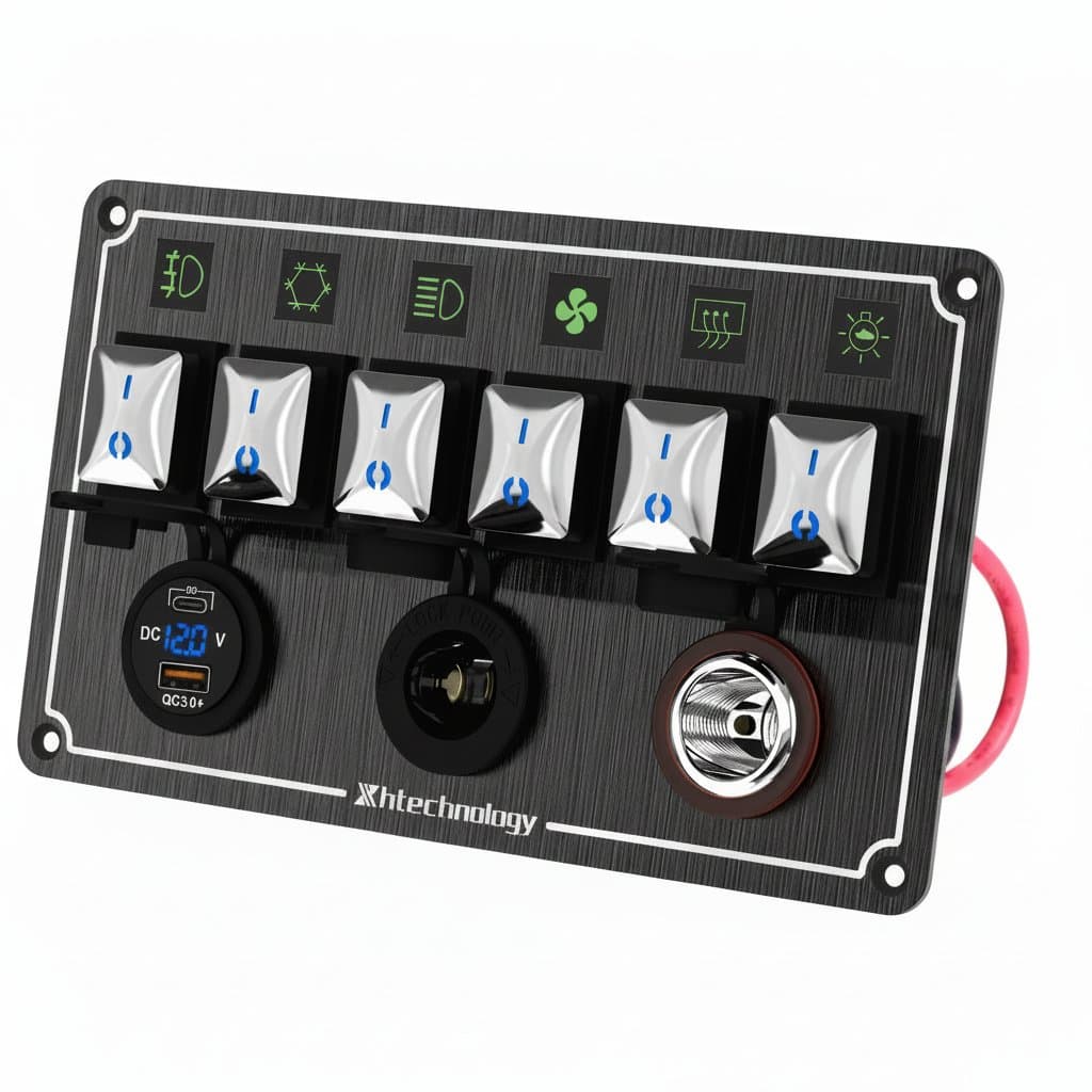 Waterproof 12V marine rocker switch panel with 4-6 gang toggle switches and blue LED lights for boat, car, or RV control.