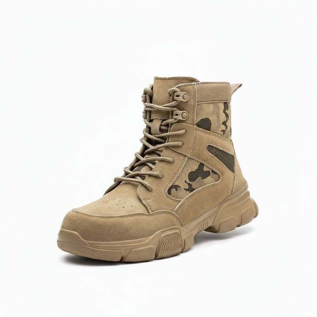 Men's outdoor steel toe work boots with anti-puncture protection, desert combat style for rugged terrain and protective security.