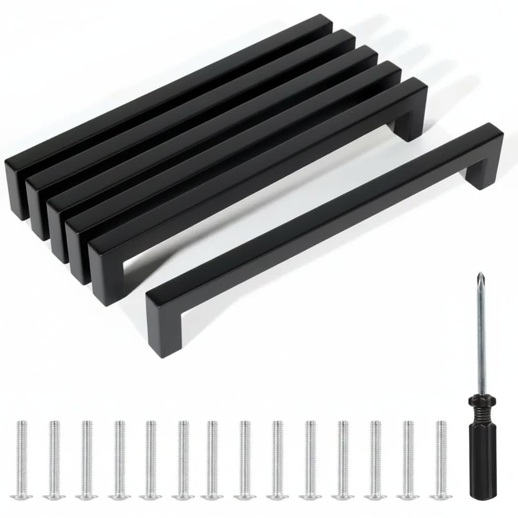 Set of six square stainless steel cabinet handles and knobs in sizes from 64mm to 256mm, for cupboard and drawer furniture hardware.