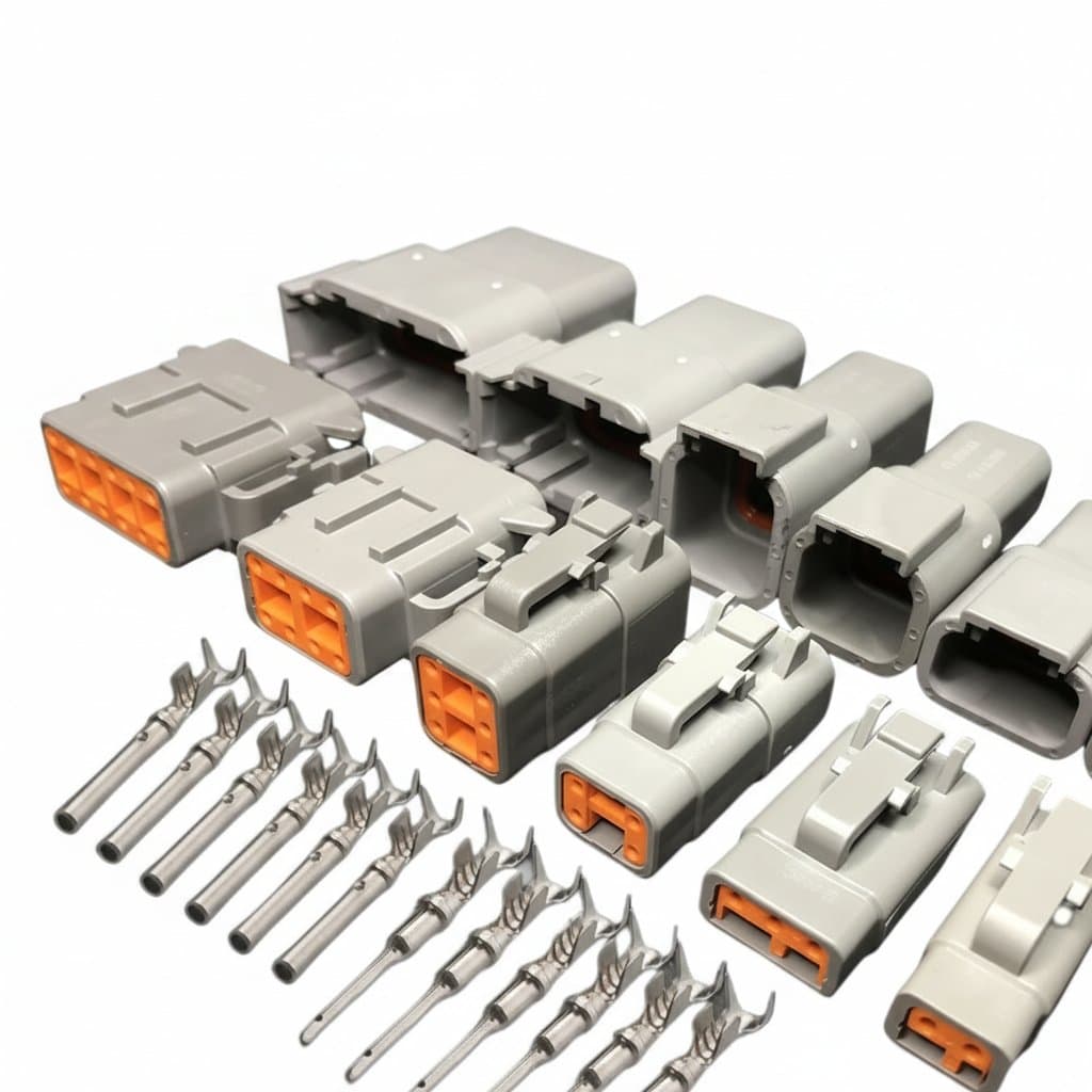 Deutsch DTM automotive connector set with male and female terminals for professional wiring harness assembly, includes DTM04 and DTM06 series plugs and sockets.