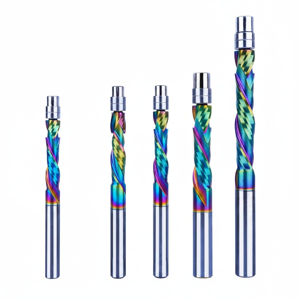 Dreanique DLC coated solid carbide bearing guided milling cutter with 2-flute spiral design for flush trimming in woodworking.