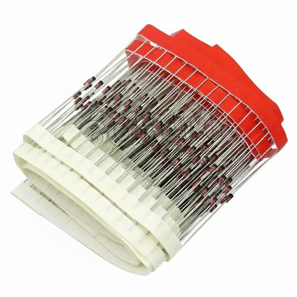 100PCS 1N4148 general purpose switching diodes in a sealed anti-static bag, featuring fast switching and high reliability for electronics projects.
