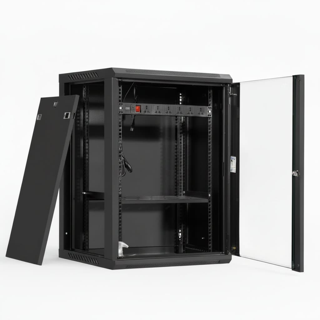 19 inch wall mounted server rack cabinet in 6U, 9U, 12U, or 15U sizes, constructed from heavy-duty steel for data center network equipment.