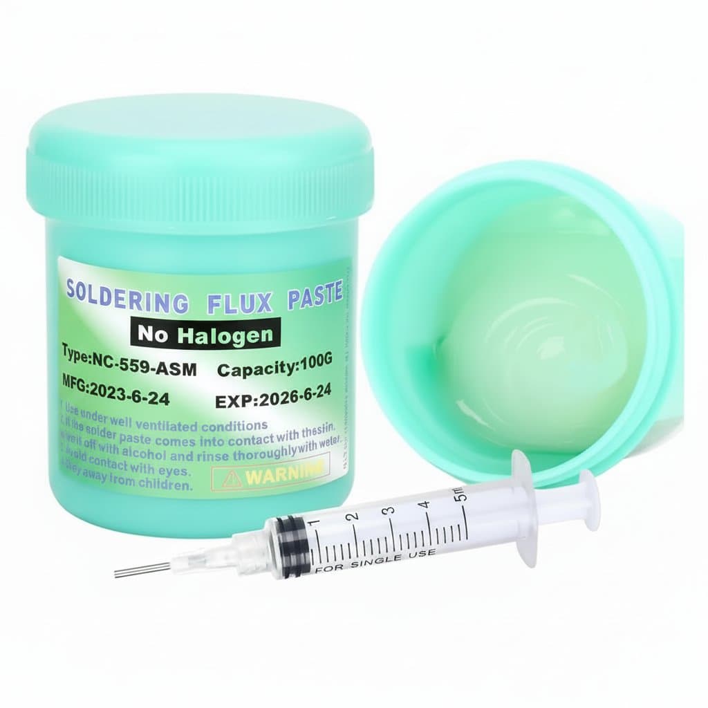NC-559 no-clean soldering flux paste in a 100g syringe for PCB repair and electronics welding, a tip refresher and flux core.