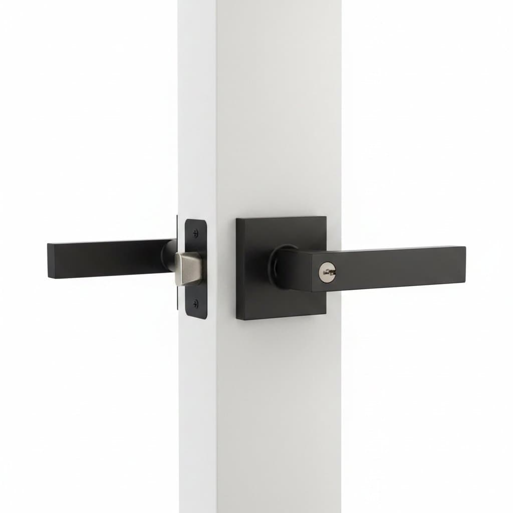 Black square channel privacy door handle lock with mask interior design for bedroom, bathroom, or home rooms.