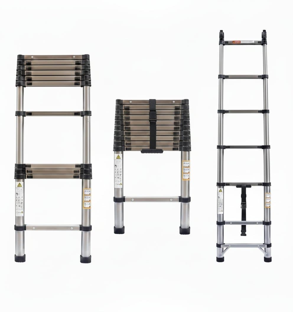 Extension ladder ranging from 2.6M to 5M, made of stainless steel with anti-slip feet, EN131 certified, and 150KG load capacity.