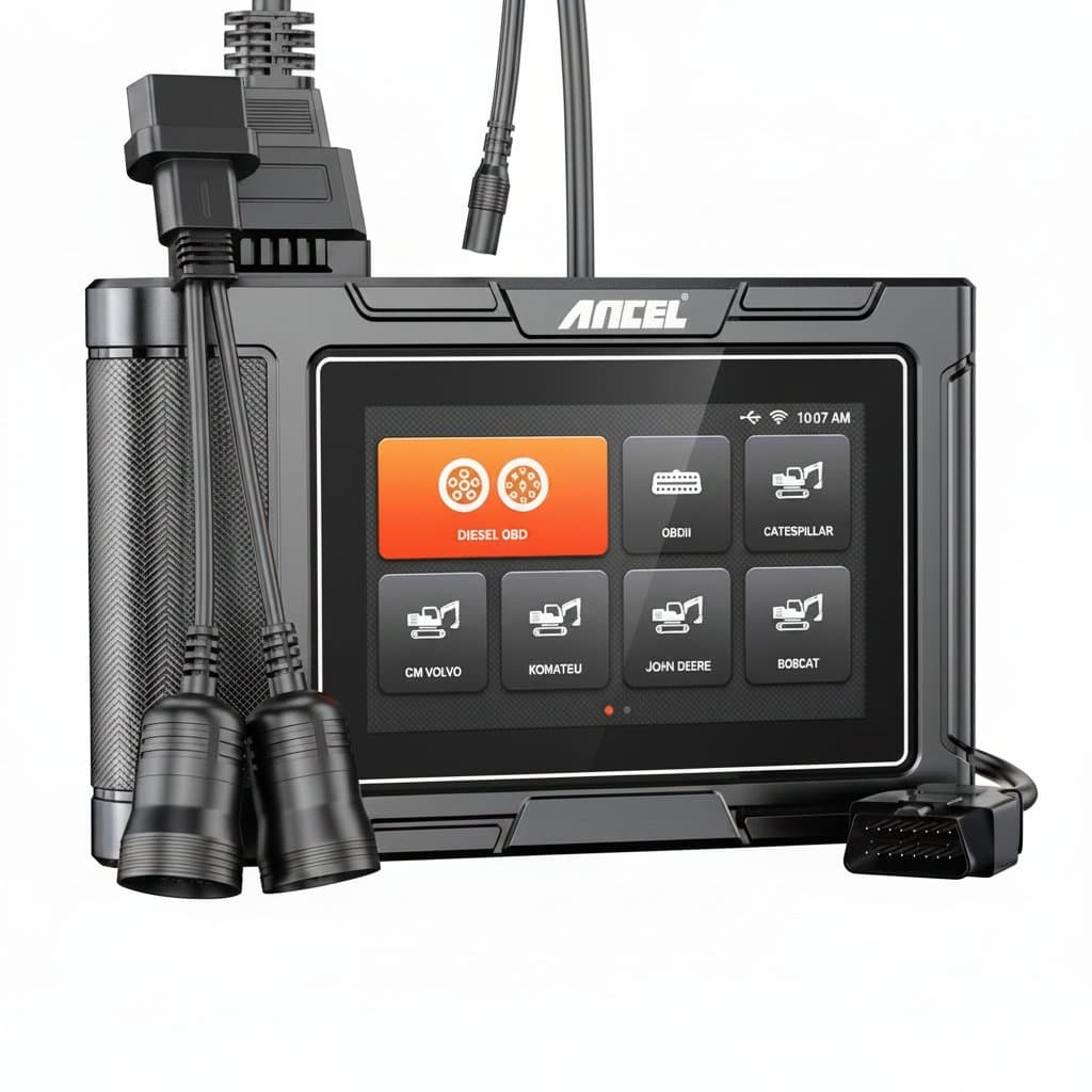 ANCEL HD3600 Heavy Duty Truck Scanner for Caterpillar, John Deere, and Komatsu diesel engines with DPF reset capabilities.