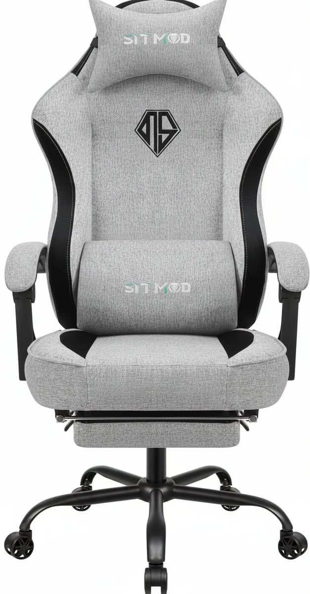 Gaming chair for adults with footrest, high back, adjustable headrest, lumbar support, and fabric upholstery for office or desk use.
