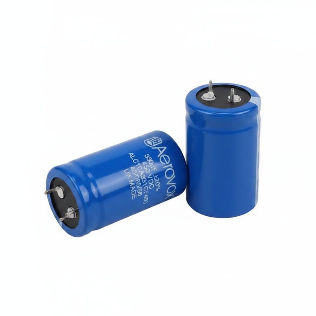 5-pack of BHC AEROVOX 330uF 450V high voltage electrolytic capacitors, premium filter capacitors for audio and power supply applications.