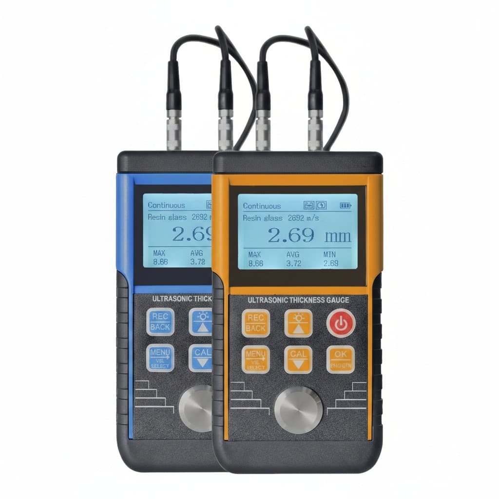 WT130A Digital Ultrasonic Thickness Gauge with color LCD display, measuring metal, plastic, and glass from 1.0 to 300mm.