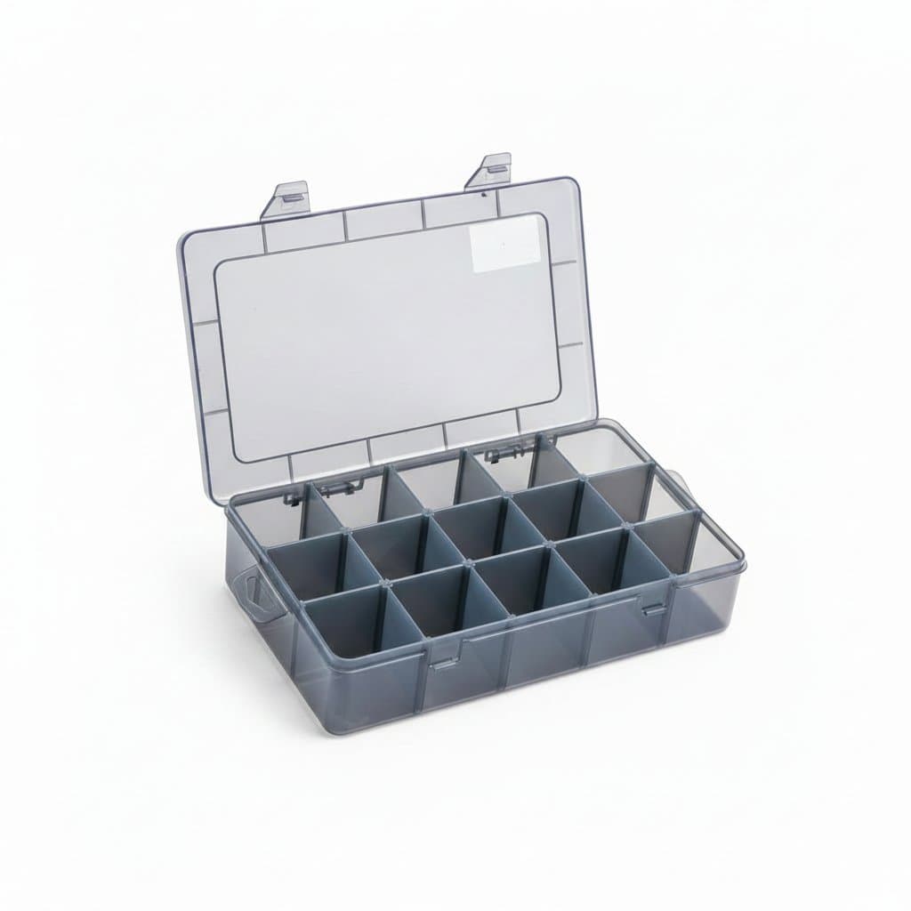 DELI transparent plastic storage box with adjustable slots for organizing screws, craft jewelry, accessories, and small components.