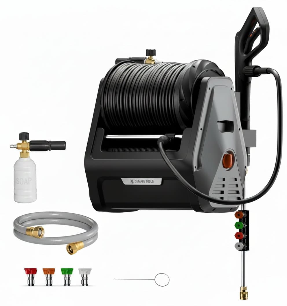 Electric wall-mounted pressure washer with 2900 PSI, 2.2 GPM flow, includes 100ft hose and foam cannon for car and driveway cleaning.