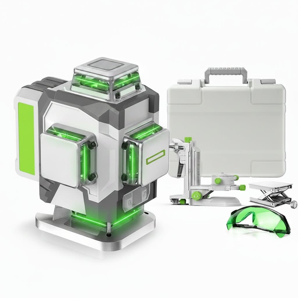 Huepar professional 4D cross line green laser level with ±2mm accuracy, self-leveling, 8000mAh battery, and mounting bracket.