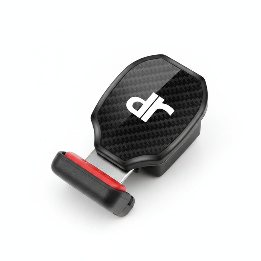A carbon fiber pattern seat belt extender, compatible with DR Motors, provides added length and a stylish interior accent.