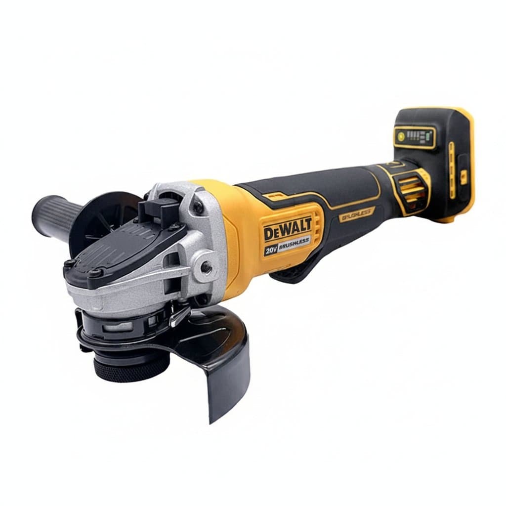 DEWALT DCG406 4-1/2 inch Brushless Angle Grinder with Maglev motor and recoil brake, shown on a workbench.