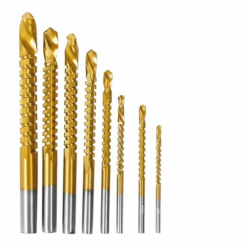 Titanium-coated HSS twist drill bits set from 3-8mm with serrated grooving and spiral jagged saw design for composite materials.