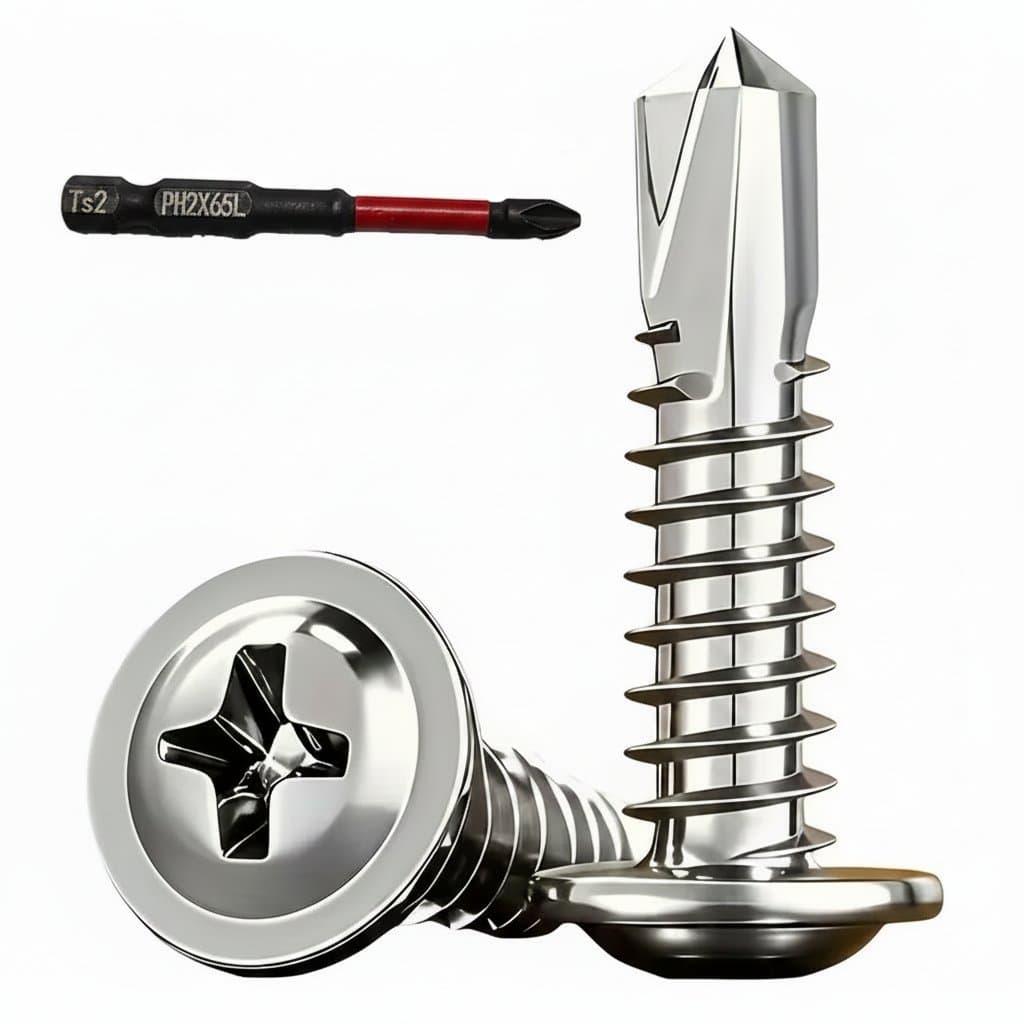 150-piece stainless steel self-tapping TEK screw kit with truss head Phillips drive, includes three lengths and a free drill bit for DIY projects.