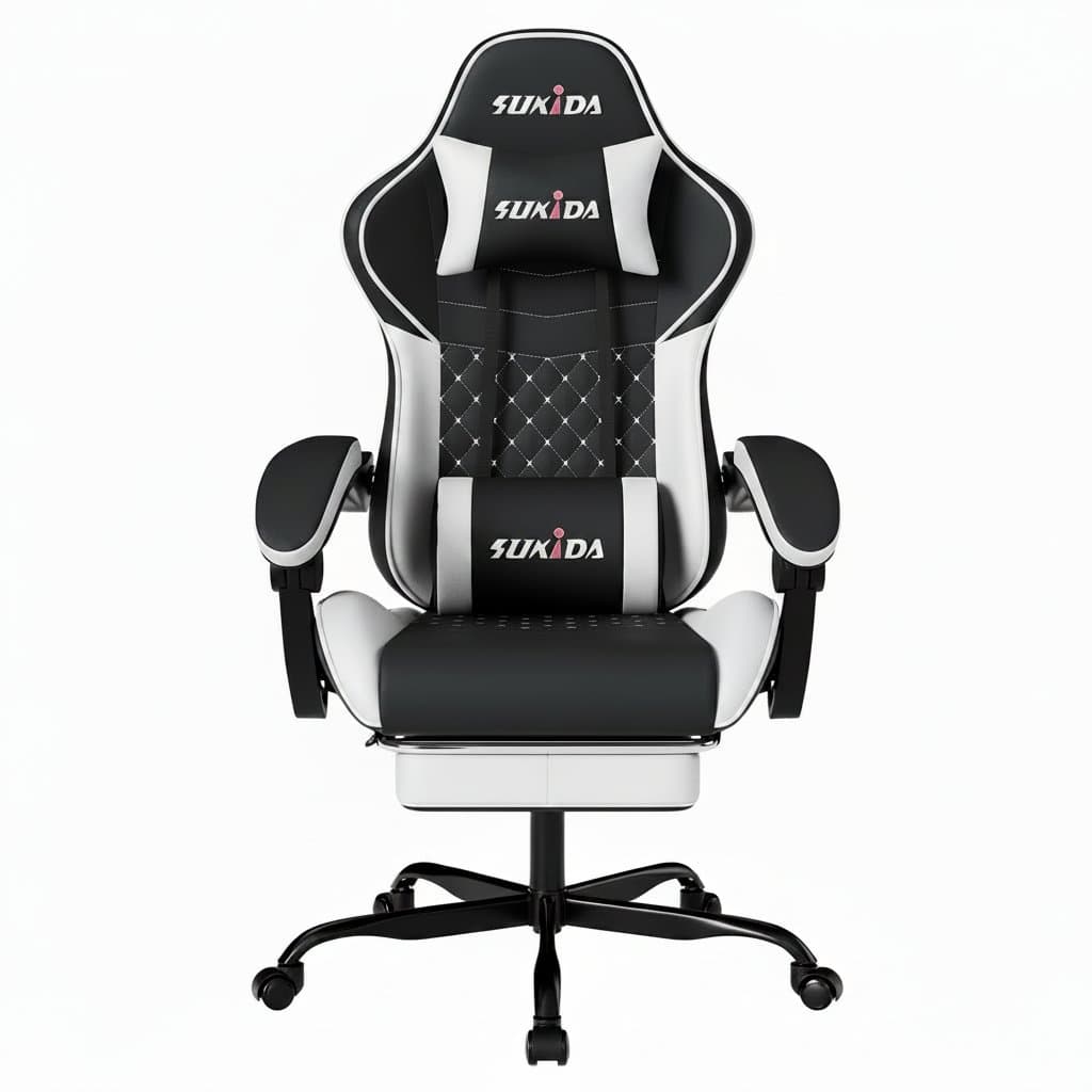 Ergonomic gamer chair with massage function, adjustable lumbar support, swivel height adjustment, headrest, and backrest for adults.