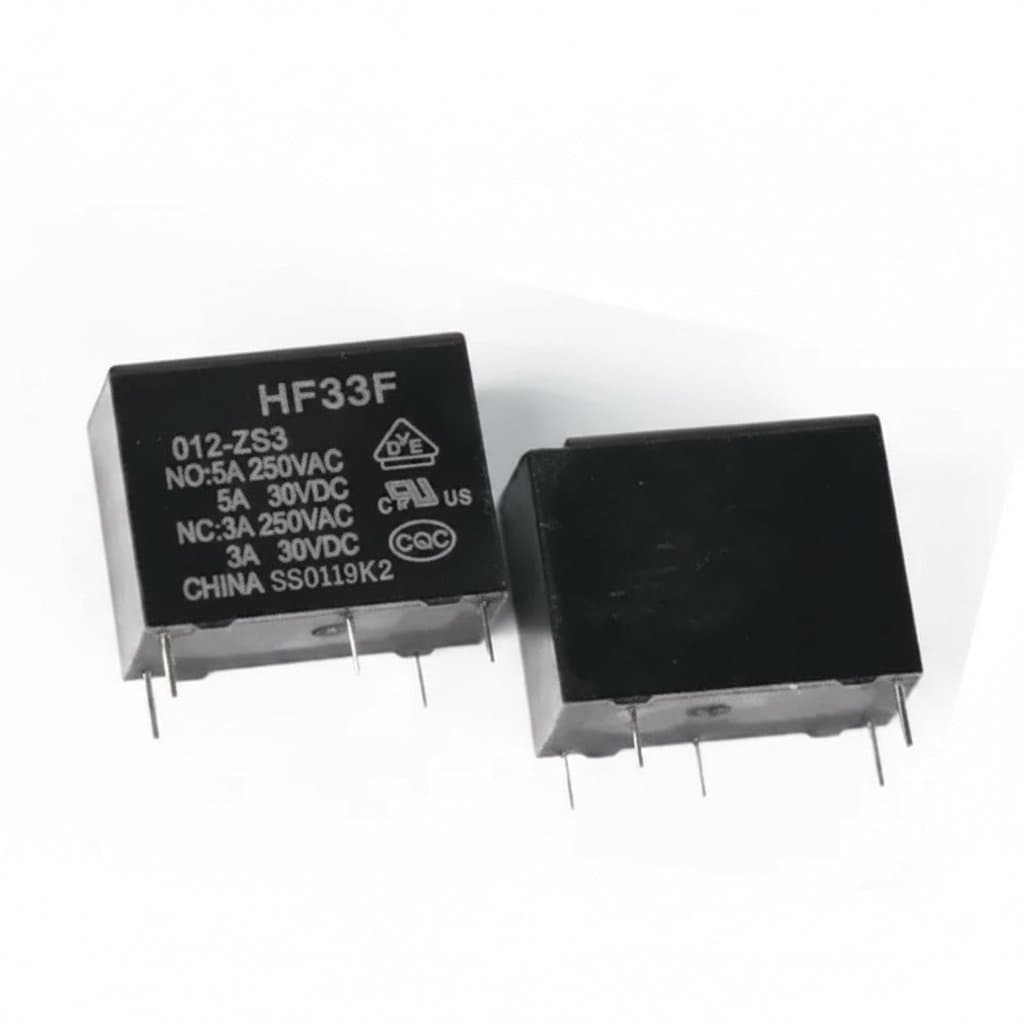 HF33F series 5A 250VAC relay assortment including 4-pin HS3/HSL3 and 5-pin ZS3 models in protective packaging.