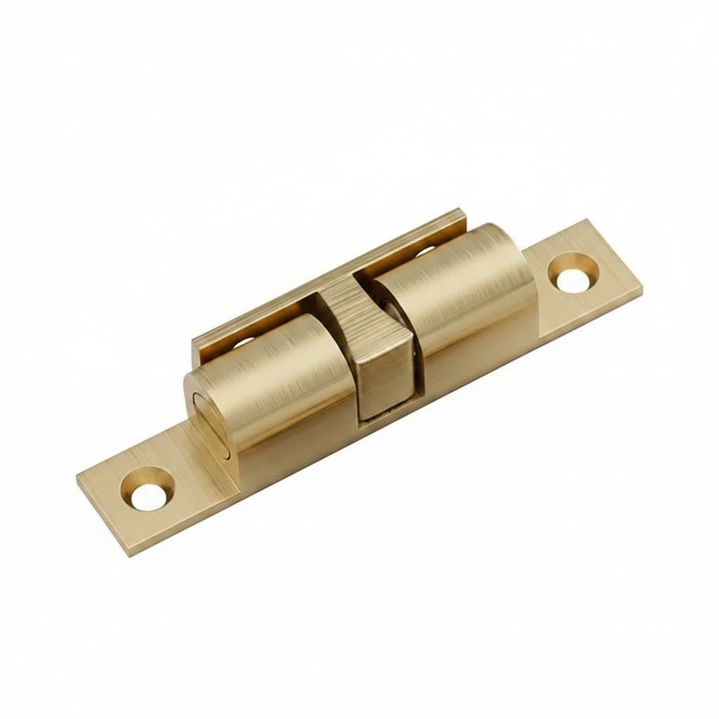 Brass double roller spring ball catch latches with adjustable tension, for furniture, cabinets, and closet doors.