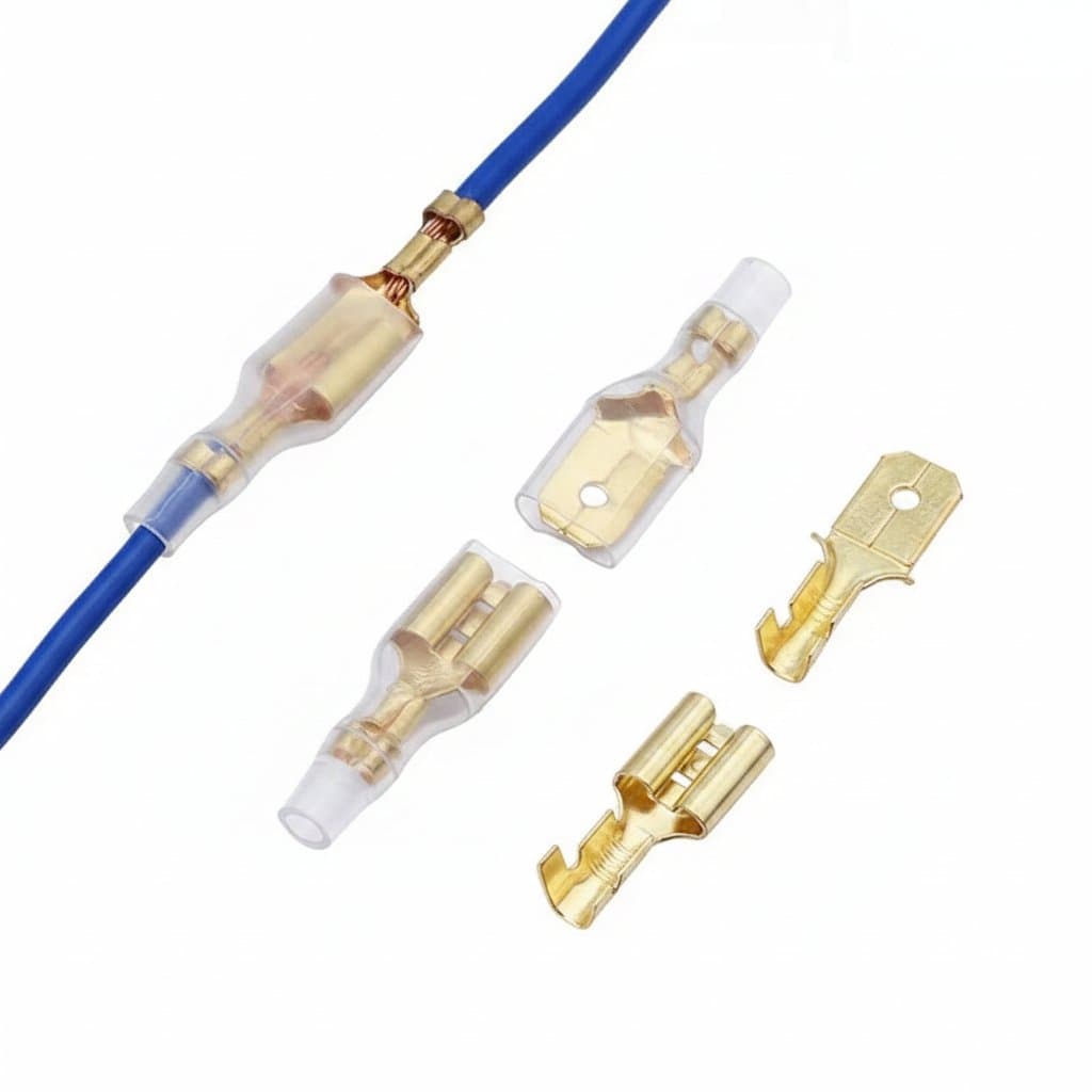 100-piece electric wire connector set with 2.8mm, 4.8mm, and 6.3mm female and male crimp terminals in gold brass and silver finishes for car audio and electrical projects.