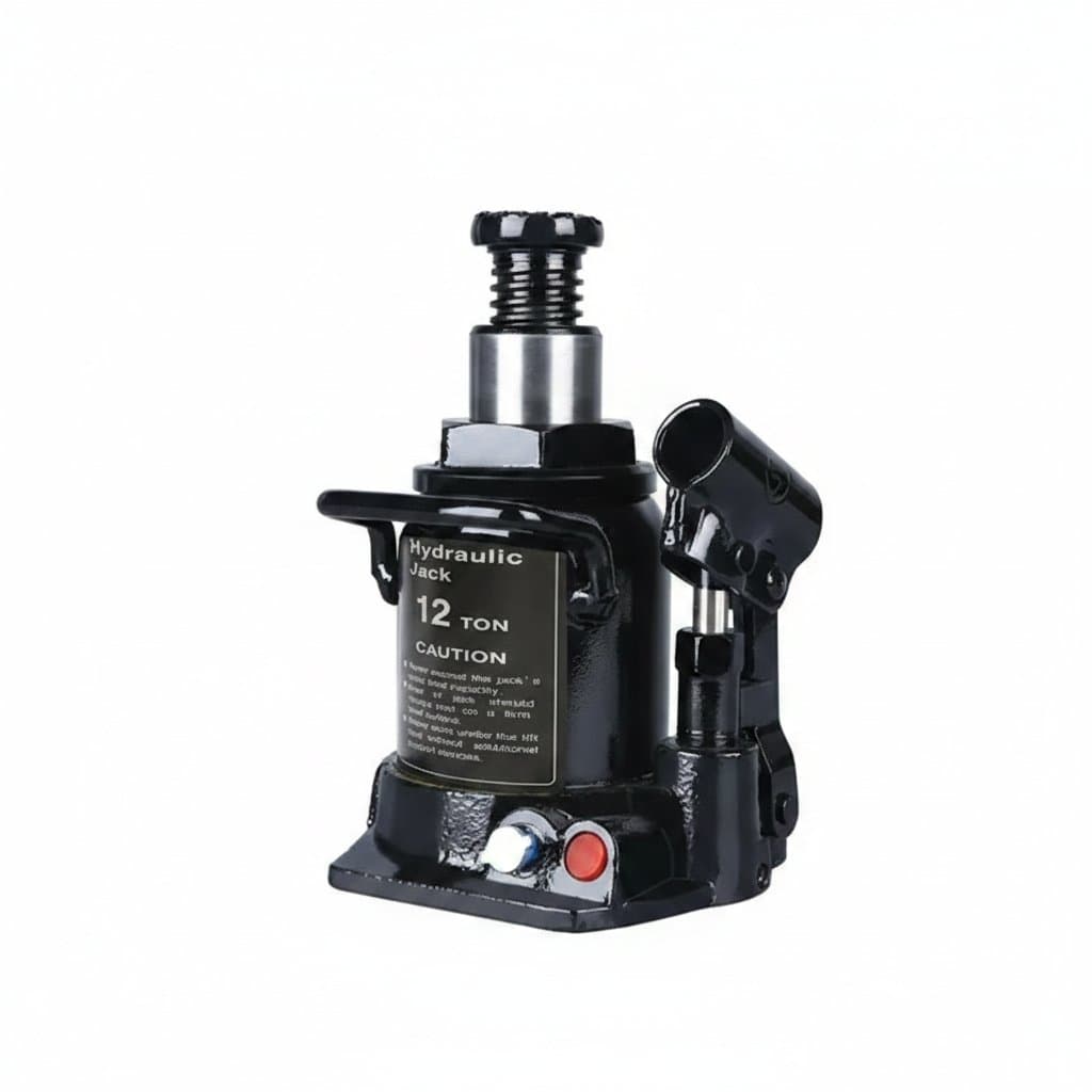 Low Jack 12-ton vertical hydraulic jack with oil pressure gauge for industrial lifting and material handling.