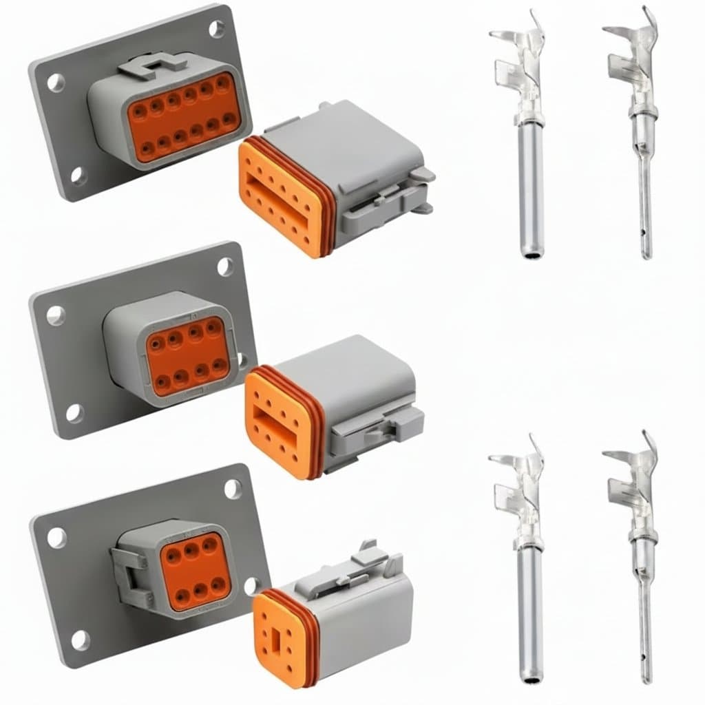 Deutsch DT series automotive electrical connector plug with fixed flange, available in 2 to 12 pin configurations for waterproof wiring.