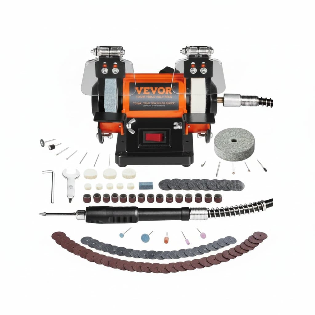 VEVOR 3-inch Jewelry Polisher Buffer with brushless motor and adjustable speed control, a compact bench grinder for gemstones and metal.
