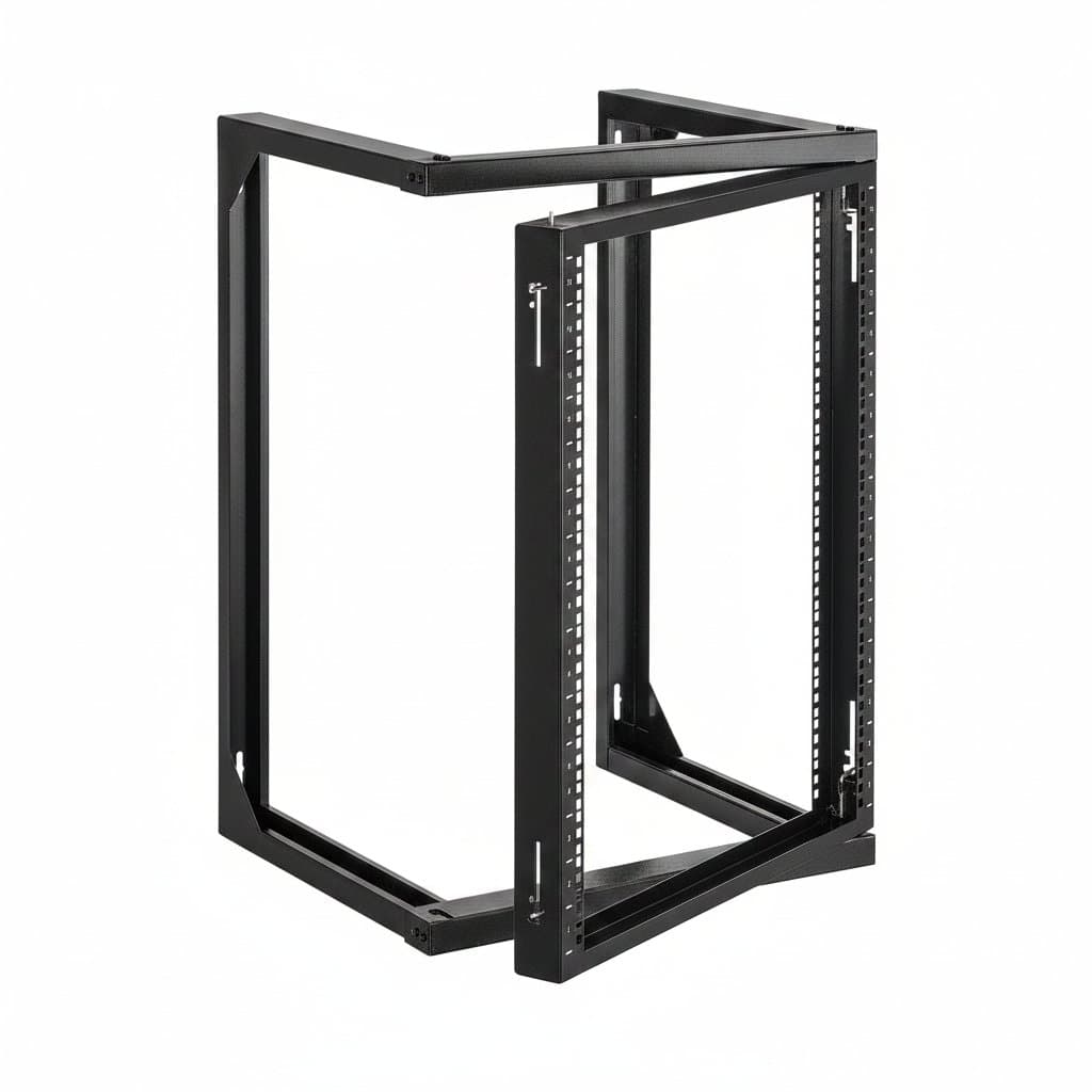 15U wall mount server rack with 180-degree swing gate, an open frame carbon steel network cabinet with 150lb capacity for 19-inch equipment.
