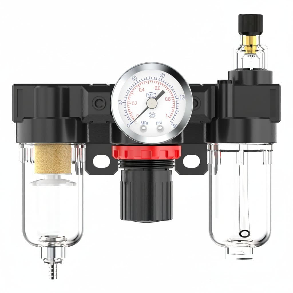 AFC2000 air compressor filter regulator with G1/4 ports, showing the oil water separator, pressure gauge, and adjustment knob.