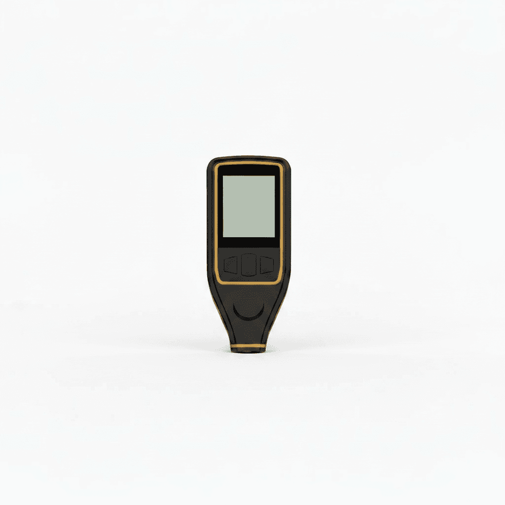SNDWAY ultrasonic coating thickness gauge for automotive paint measurement, showing digital display and probe on a car panel.